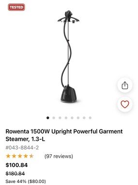 Rowenta Black Upright Garment Steamer – 1500W, 1.3L